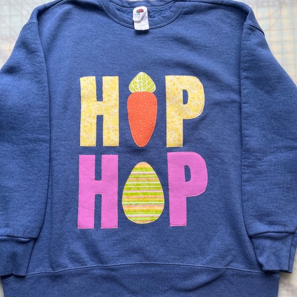 Fruit of the Loom Tops - Upcycled Appliquéd Easter Hip Hop Blue Crewneck Sweatshirt, L, Craftcore Cute